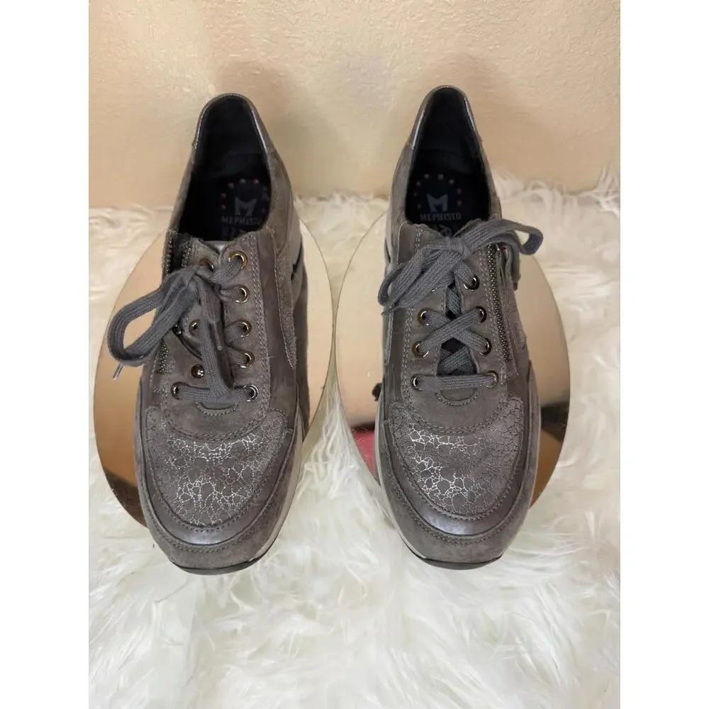 Mephisto Runoff Women Sneakers Size 8.5 Genuine Leather Gray Leather Mesh Look‎